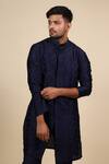 Shop_Hilo Design_Blue Dupion Silk Embroidered Lattice Pattern Kurta _at_Aza_Fashions
