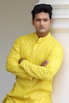Shop_Hilo Design_Yellow Georgette Mirrors Work Kurta For Kids_at_Aza_Fashions