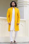 Buy_Hilo Design_Yellow Raw Silk Embroidered Floral Calla Sherwani Set _at_Aza_Fashions