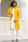 Shop_Hilo Design_Yellow Raw Silk Embroidered Floral Calla Sherwani Set _at_Aza_Fashions