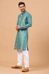 Shop_Hilo Design_Green Semi Raw Silk Embroidery Floral Greafy Kurta _at_Aza_Fashions