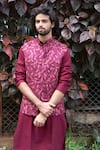 Shop_Hilo Design_Magenta Bundi Raw Silk Embroidered Leaf And Kurta Set _at_Aza_Fashions