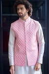 Shop_Hilo Design_Pink Bundi And Kurta Dupion Silk Embroidered Floral & Set _at_Aza_Fashions