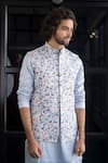Shop_Hilo Design_Blue Cotton Satin Slub Floral Embroidered Bundi And Kurta Set_at_Aza_Fashions