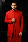 Buy_Hilo Design_Red Cotton Jacquard Woven Geometric Sherwani Set _at_Aza_Fashions