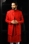 Shop_Hilo Design_Red Cotton Jacquard Woven Geometric Sherwani Set _at_Aza_Fashions