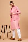 Shop_Hilo Design_Pink Bundi Jacquard Stripe Pattern Pinripes And Kurta Set _at_Aza_Fashions