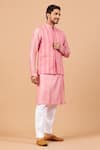 Hilo Design_Pink Bundi Jacquard Stripe Pattern Pinripes And Kurta Set _Online_at_Aza_Fashions