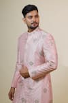 Shop_Hilo Design_Pink Dupion Silk Embroidered Floral Sherwani Set _at_Aza_Fashions