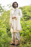 Buy_Hilo Design_Beige Dupion Silk Embroidered Floral Sherwani Set _at_Aza_Fashions