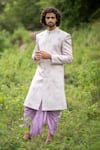 Buy_Hilo Design_Purple Dupion Silk Floral Embroidered Sherwani Set_at_Aza_Fashions