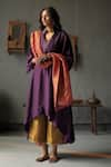 Shorshe Clothing_Gold Kurta Raw Silk Plain Plunge V Neck Asymmetric And Farshi Pant Set _Online_at_Aza_Fashions