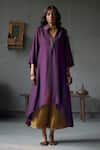 Buy_Shorshe Clothing_Gold Kurta Raw Silk Plain Plunge V Neck Asymmetric And Farshi Pant Set _at_Aza_Fashions