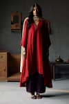 Shorshe Clothing_Red Kurta Raw Silk, Lining Shantoon, Pant Cotton Asymmetric And Farshi Set _Online_at_Aza_Fashions