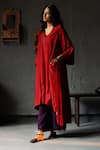 Buy_Shorshe Clothing_Red Kurta Raw Silk, Lining Shantoon, Pant Cotton Asymmetric And Farshi Set _at_Aza_Fashions