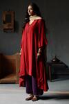 Buy_Shorshe Clothing_Red Kurta Raw Silk, Lining Shantoon, Pant Cotton Asymmetric And Farshi Set _Online_at_Aza_Fashions