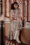 Hemant and Nandita_Green Rayon Crinkle Lurex Floral Mandarin Collar Motif Puff Sleeve Top  _Online_at_Aza_Fashions