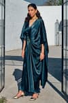 Buy_HOUSE OF FETT_Green Satin Embroidered Bead V Neck Jade Pleated Draped Gown _Online_at_Aza_Fashions