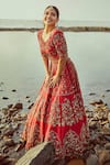 Buy_House of Musafir_Red Raw Silk And Tulle Embellished Sequin Leaf Neck Bridal Lehenga Set _at_Aza_Fashions