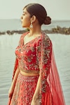 Shop_House of Musafir_Red Raw Silk And Tulle Embellished Sequin Leaf Neck Bridal Lehenga Set _at_Aza_Fashions