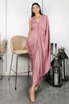 Buy_HOUSE OF FETT_Pink Viscose Embroidery V Neck Draped Dress _at_Aza_Fashions