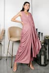 HOUSE OF FETT_Pink Viscose Embroidery V Neck Draped Dress _Online_at_Aza_Fashions