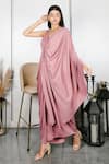 Buy_HOUSE OF FETT_Pink Viscose Embroidery V Neck Draped Dress _Online_at_Aza_Fashions