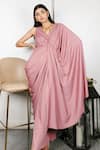 Shop_HOUSE OF FETT_Pink Viscose Embroidery V Neck Draped Dress _Online_at_Aza_Fashions