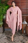 Buy_HOUSE OF FETT_Pink Heavy Satin Embroidery V Neck Draped Dress _at_Aza_Fashions