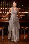 House of Fett_Silver Luxury Pleated Fabric Solid Round La Frayere Glow Draped Gown For Women_Online_at_Aza_Fashions