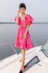 House of Fett_Pink Cotton Plain V Neck Tiered Ruffle Dress_Online_at_Aza_Fashions