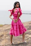 Shop_House of Fett_Pink Cotton Plain V Neck Tiered Ruffle Dress_at_Aza_Fashions