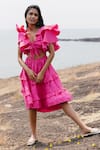 Buy_House of Fett_Pink Cotton Plain V Neck Tiered Ruffle Dress_Online_at_Aza_Fashions