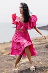 Shop_House of Fett_Pink Cotton Plain V Neck Tiered Ruffle Dress_Online_at_Aza_Fashions