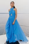 House of Fett_Blue Textured Georgette Striped Halter Neck Serene Santorini Gown For Women_Online_at_Aza_Fashions