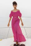 Buy_HOUSE OF FETT_Pink Textured Georgette Striped Round Rosa Bella Top And Palazzo Set _at_Aza_Fashions