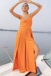 Buy_House of Fett_Orange Luxury Twill Fabric Opal Slit Jumpsuit_at_Aza_Fashions