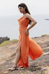 Shop_House of Fett_Orange Luxury Twill Fabric Opal Slit Jumpsuit_Online_at_Aza_Fashions