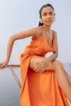 House of Fett_Orange Luxury Twill Fabric Opal Slit Jumpsuit_at_Aza_Fashions