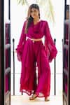 Buy_House Of Fett_Fuchsia Satin Cowl Neck Raspberry Balloon Sleeve Top And Pant Set_Online_at_Aza_Fashions