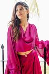 Shop_House Of Fett_Fuchsia Satin Cowl Neck Raspberry Balloon Sleeve Top And Pant Set_Online_at_Aza_Fashions