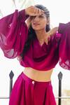 House Of Fett_Fuchsia Satin Cowl Neck Raspberry Balloon Sleeve Top And Pant Set_at_Aza_Fashions