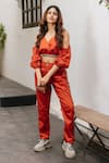 House Of Fett_Orange Cotton Twill V Neck Amber Cold Shoulder Top _Online_at_Aza_Fashions