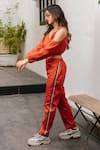 House Of Fett_Orange Cotton Twill V Neck Amber Cold Shoulder Top _at_Aza_Fashions