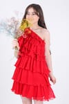 Hoity Moppet Red Georgette, Satin I Heart You One-shoulder Dress Online at Aza Fashions Hoity Moppet_Red Georgette, Satin I Heart You One-shoulder Dress _Online_at_Aza_Fashions