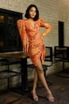 Buy_Payal & Zinal_Orange Georgette Abstract V Neck Sequin Bodycon Dress _at_Aza_Fashions