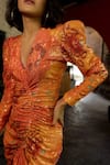 Buy_Payal & Zinal_Orange Georgette Abstract V Neck Sequin Bodycon Dress _Online_at_Aza_Fashions