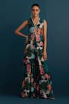 Buy_HOUSE OF PINK_Blue Cotton Silk Printed And Embroidered Floral & Pearl Work V Neck Jumpsuit _at_Aza_Fashions