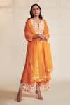 Buy_HOUSE OF PINK_Orange Chanderi Silk Embroidered Pearl Work Round Notched Kurta Set _at_Aza_Fashions