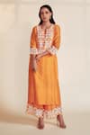 Buy_HOUSE OF PINK_Orange Chanderi Silk Embroidered Pearl Work Round Notched Kurta Set _Online_at_Aza_Fashions